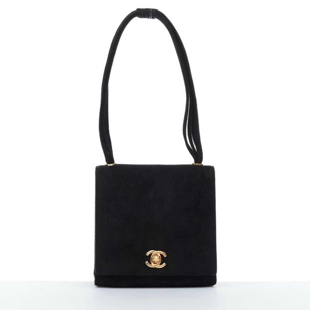 CHANEL 1994 Turnlock Flap Bag black suede triple strap vintage shoulder bag